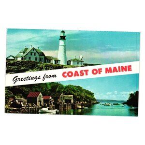 Vintage Greetings From Coast Of Maine Postcard Lighthouse Fishing Village Bromle